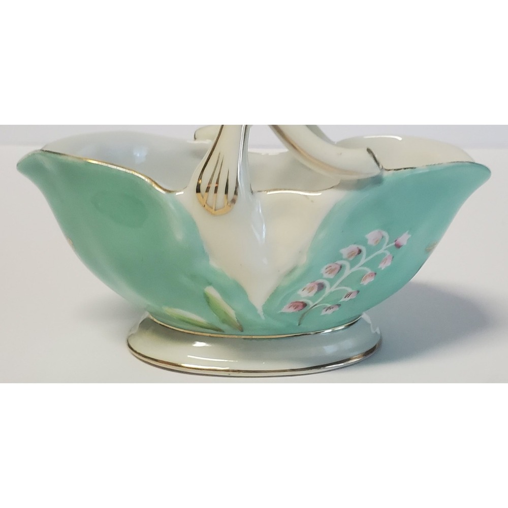 VTG Norcrest Fine China Trinket Basket Aqua/Pink/White HandPaint Gold Leaf 8/156 - Picture 8 of 11